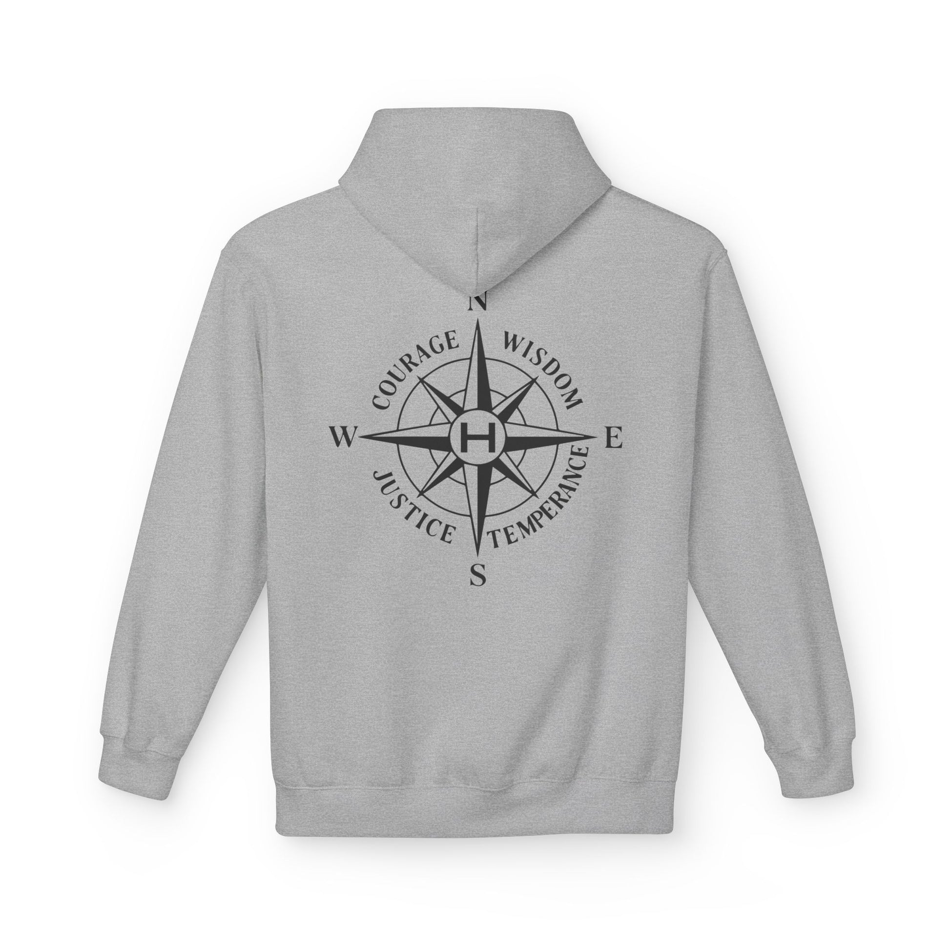 Sport Grey hoodie with a compass design and text on the back against a white background - Henosis Apparel virtue-based clothing