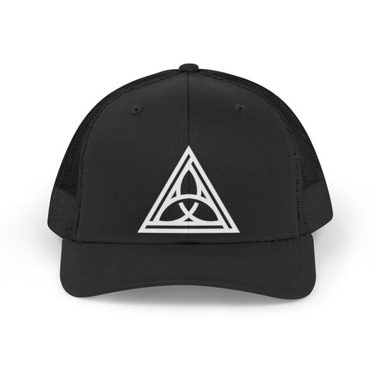 Black cap with a white triangle symbol on a white background - Henosis Apparel virtue-based clothing