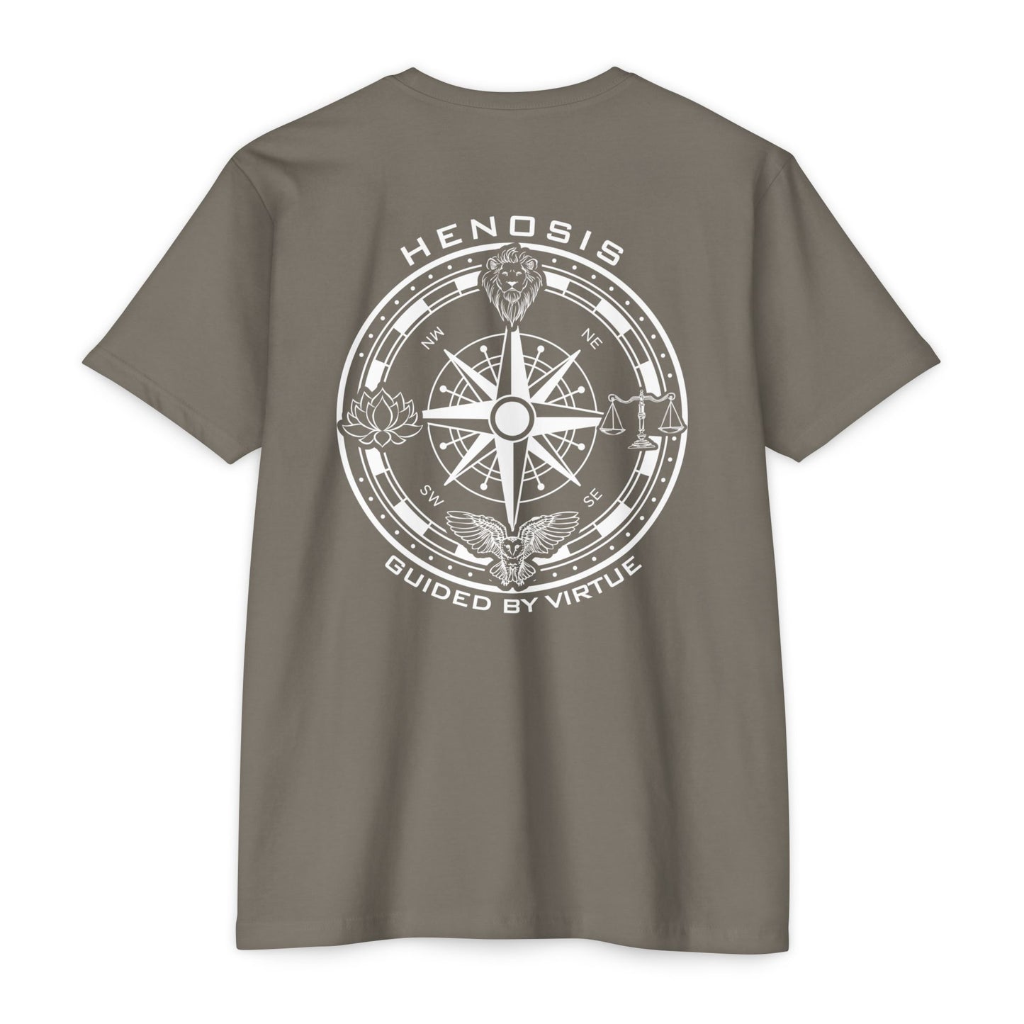 Warm Gray t-shirt with compass logo on a white background - Henosis Apparel virtue-based clothing