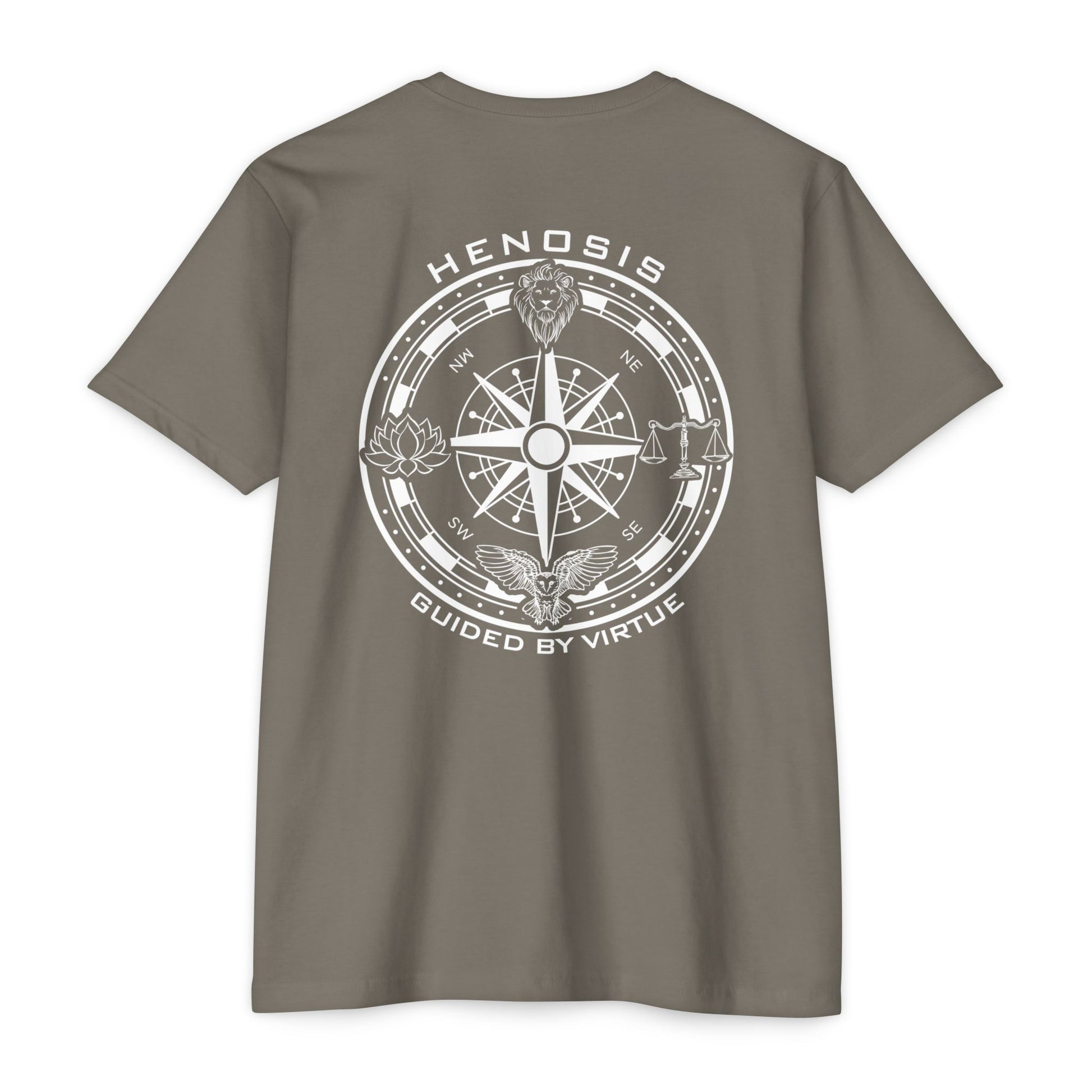 Warm Gray t-shirt with compass logo on a white background - Henosis Apparel virtue-based clothing