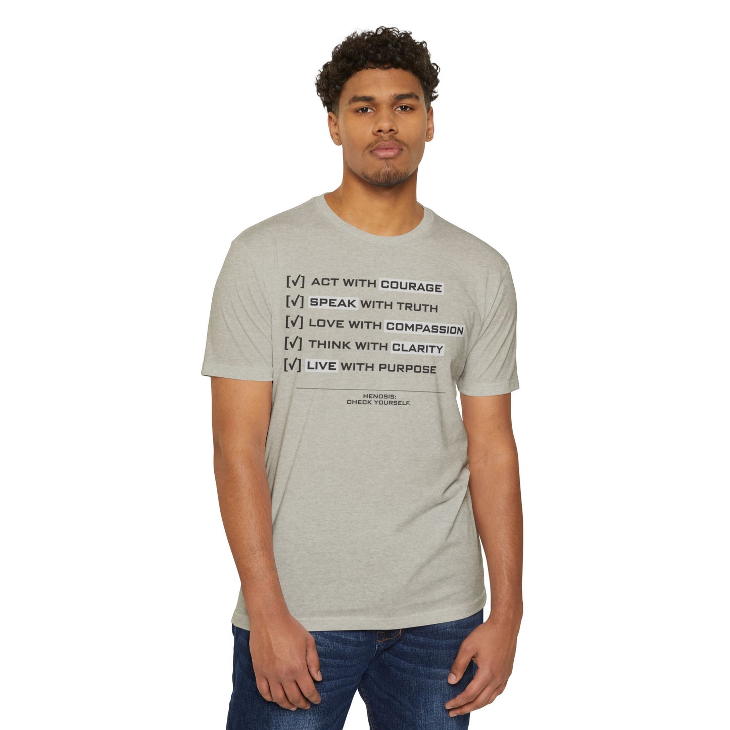 Henosis Check Yourself virtue checklist t-shirt, Bella 3001, CVC silk, front