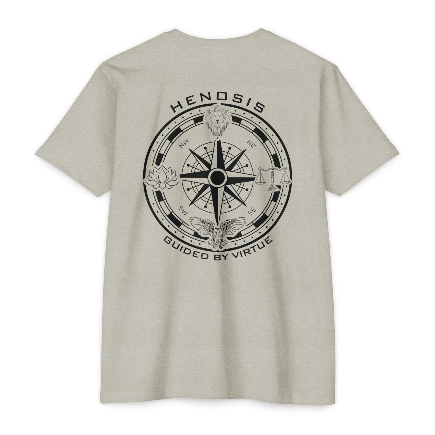 Silk t-shirt with compass logo on a white background - Henosis Apparel virtue-based clothing