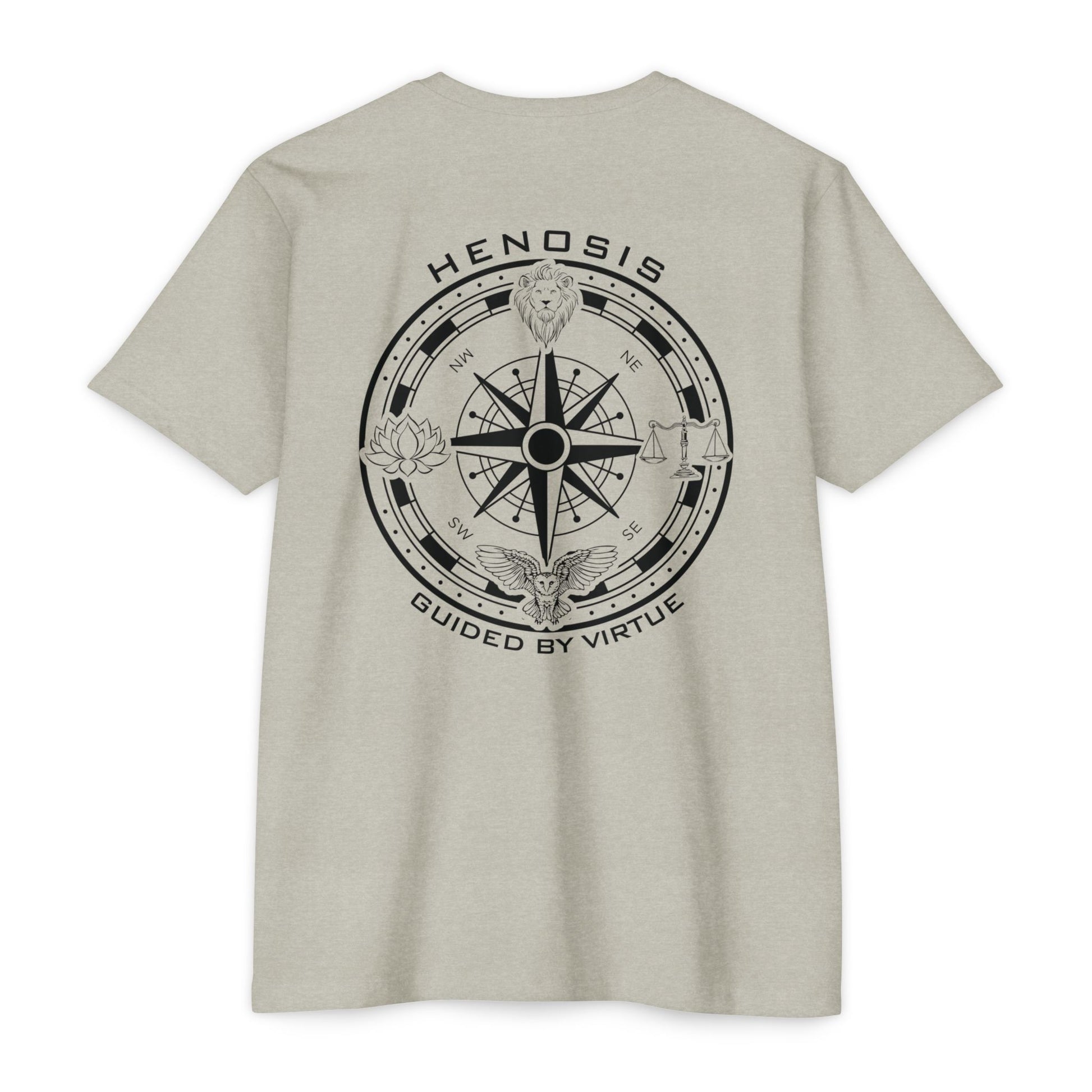 Silk t-shirt with compass logo on a white background - Henosis Apparel virtue-based clothing
