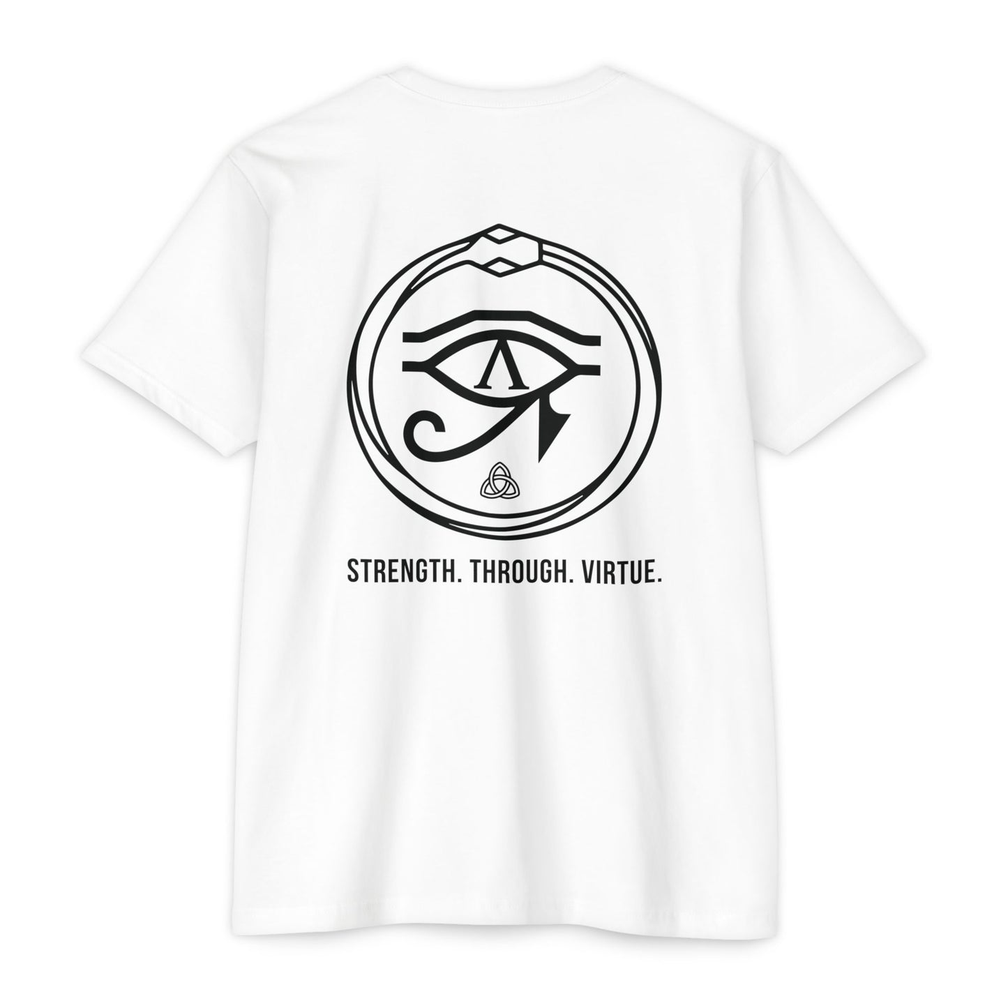 White t-shirt with black renewal symbol and text on a white background - Henosis Apparel virtue-based clothing