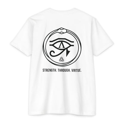 White t-shirt with black renewal symbol and text on a white background - Henosis Apparel virtue-based clothing
