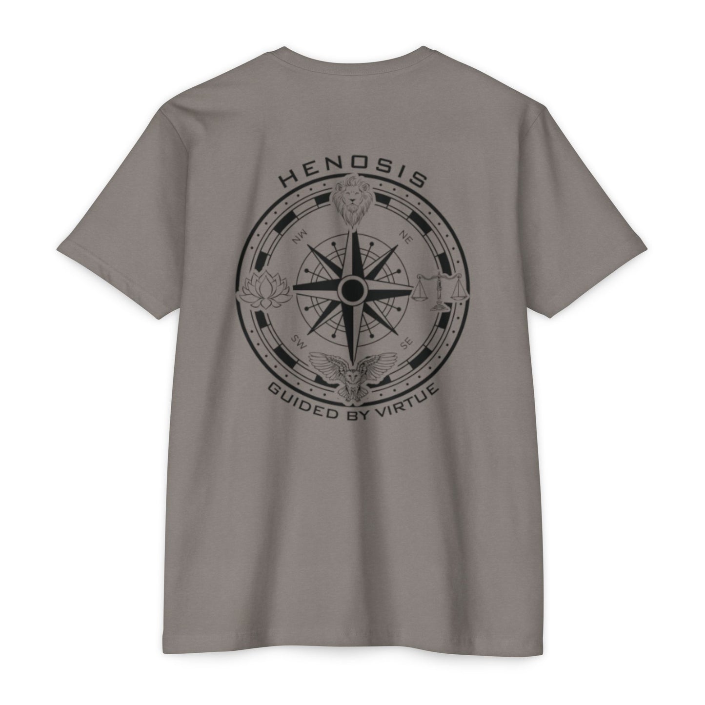 Stone Gray t-shirt with compass design and text on the back, on a white background - Henosis Apparel virtue-based clothing