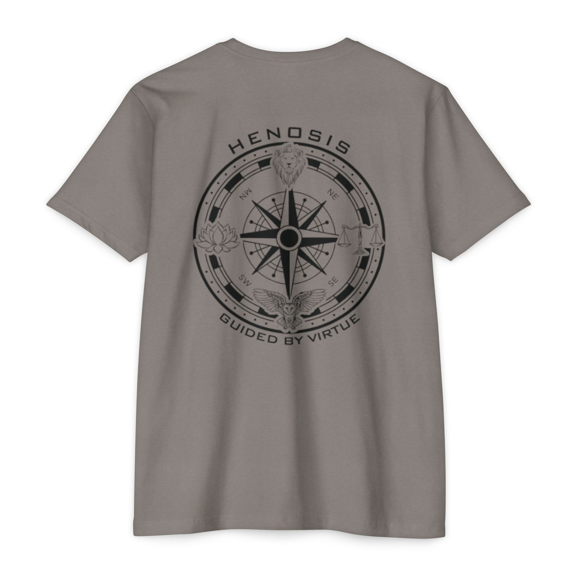 Stone Gray t-shirt with compass design and text on the back, on a white background - Henosis Apparel virtue-based clothing