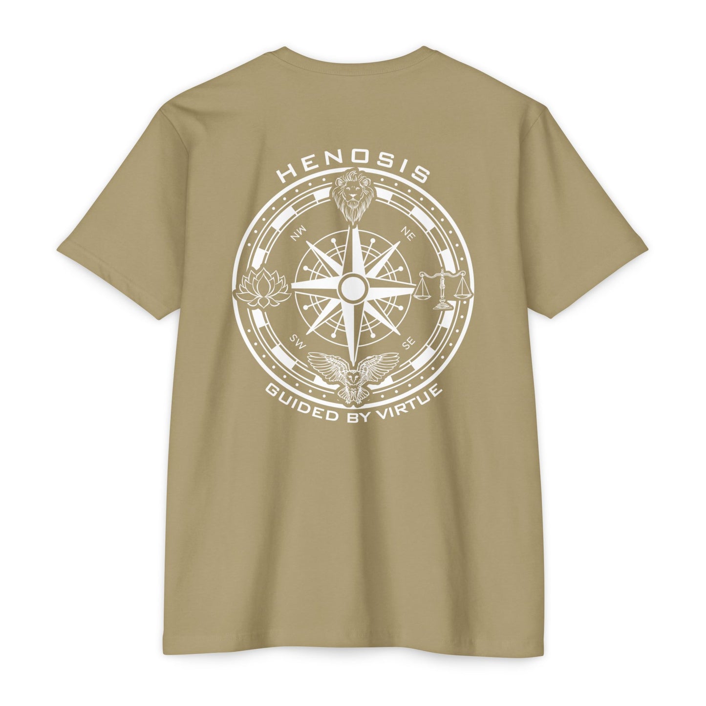 Light olive t-shirt with compass logo on a white background - Henosis Apparel virtue-based clothing
