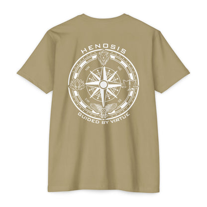 Light olive t-shirt with compass logo on a white background - Henosis Apparel virtue-based clothing