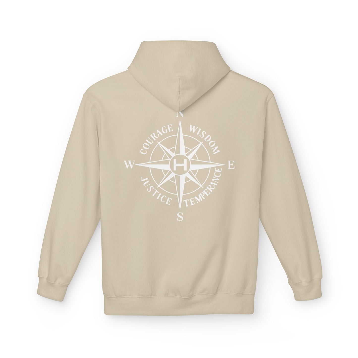 Sand hoodie with a compass design and text on the back against a white background - Henosis Apparel virtue-based clothing