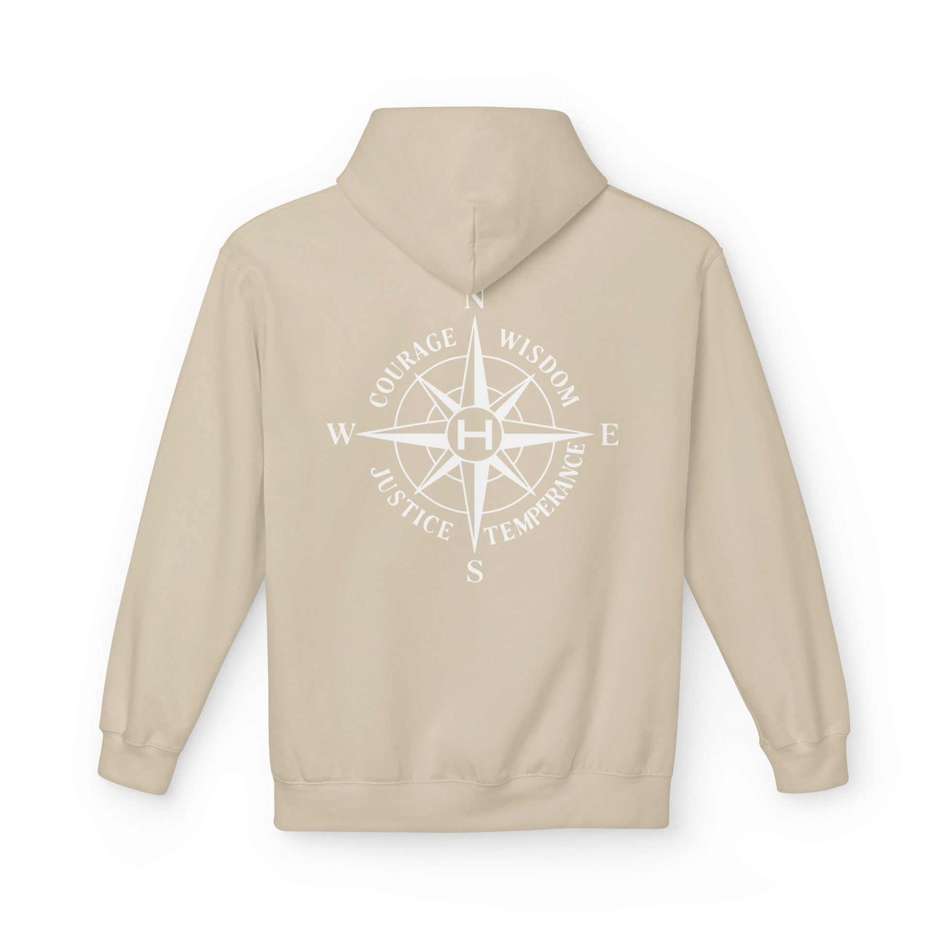 Sand hoodie with a compass design and text on the back against a white background - Henosis Apparel virtue-based clothing