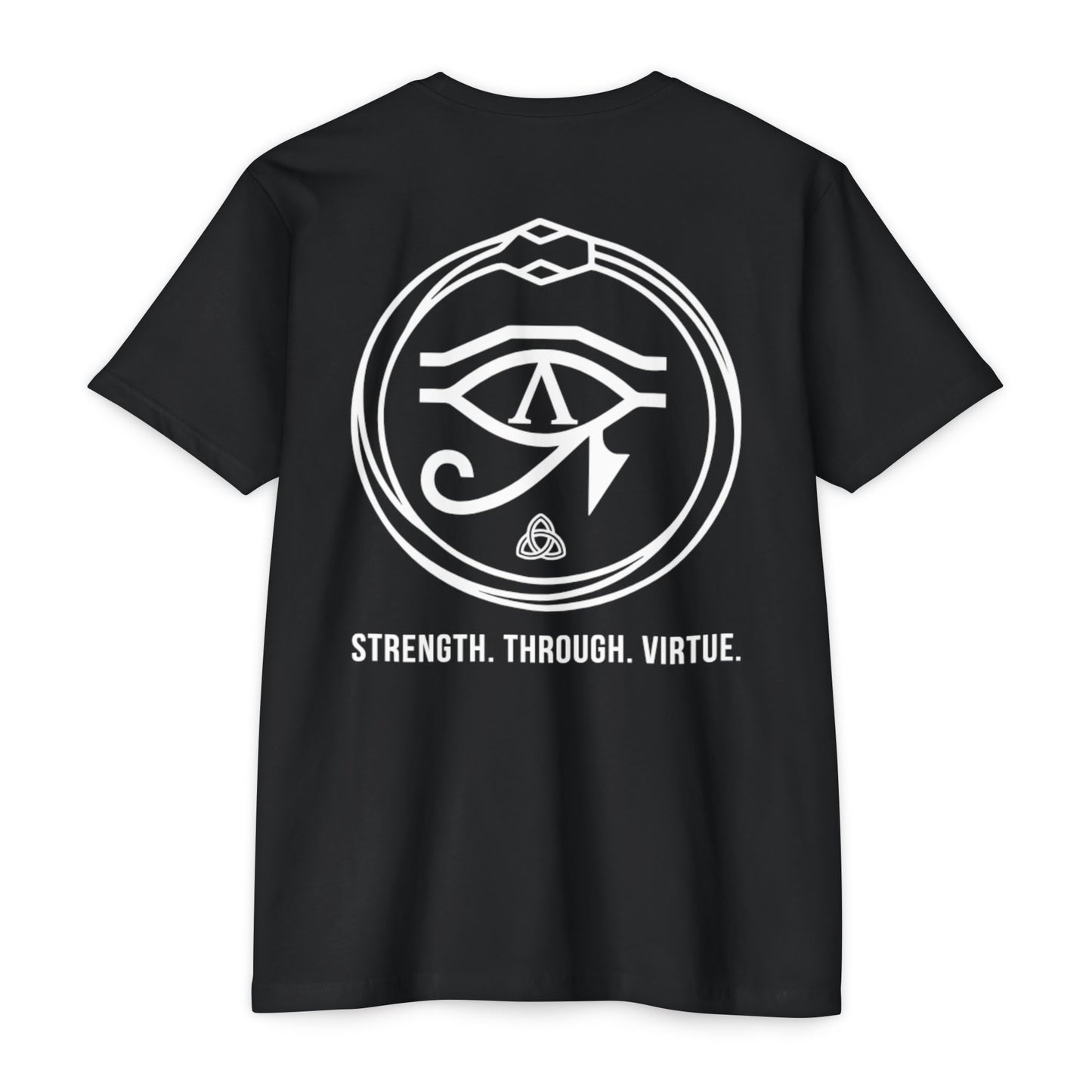 Black t-shirt with white eye symbol and text 'Strength. Through. Virtue.' on a white background - Henosis Apparel virtue-based clothing