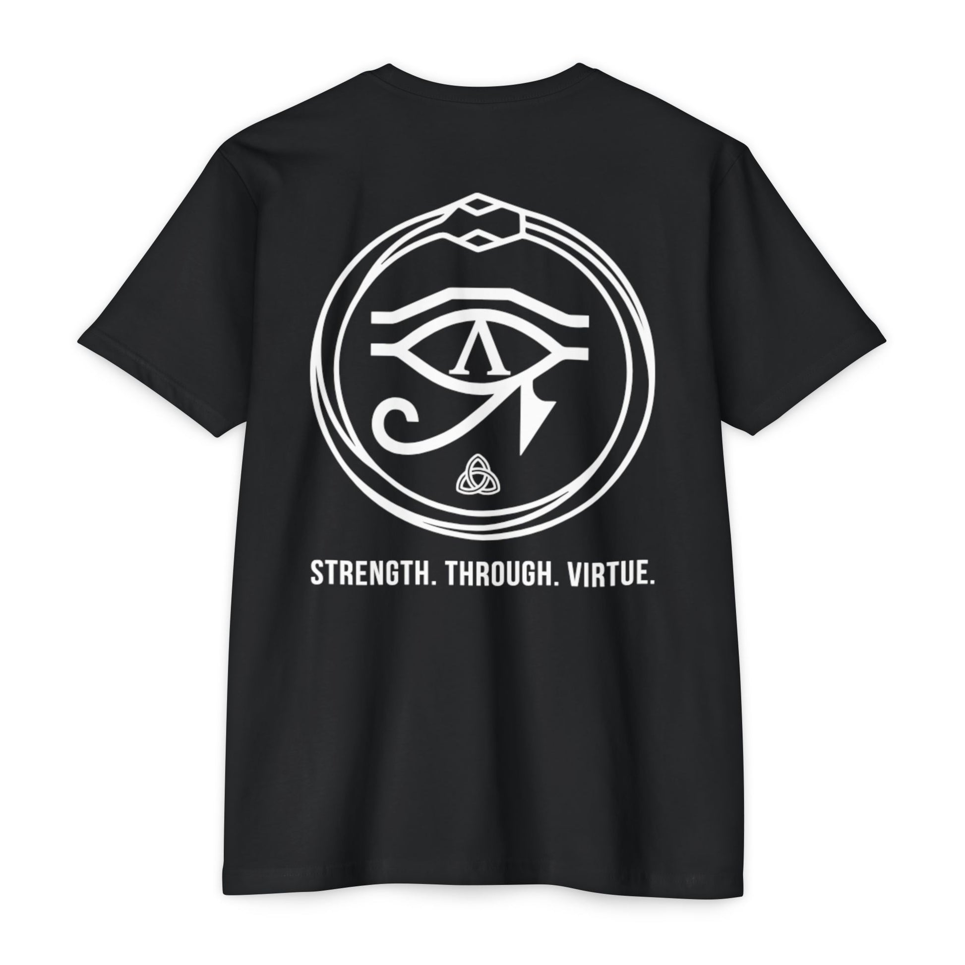 Black t-shirt with white eye symbol and text 'Strength. Through. Virtue.' on a white background - Henosis Apparel virtue-based clothing