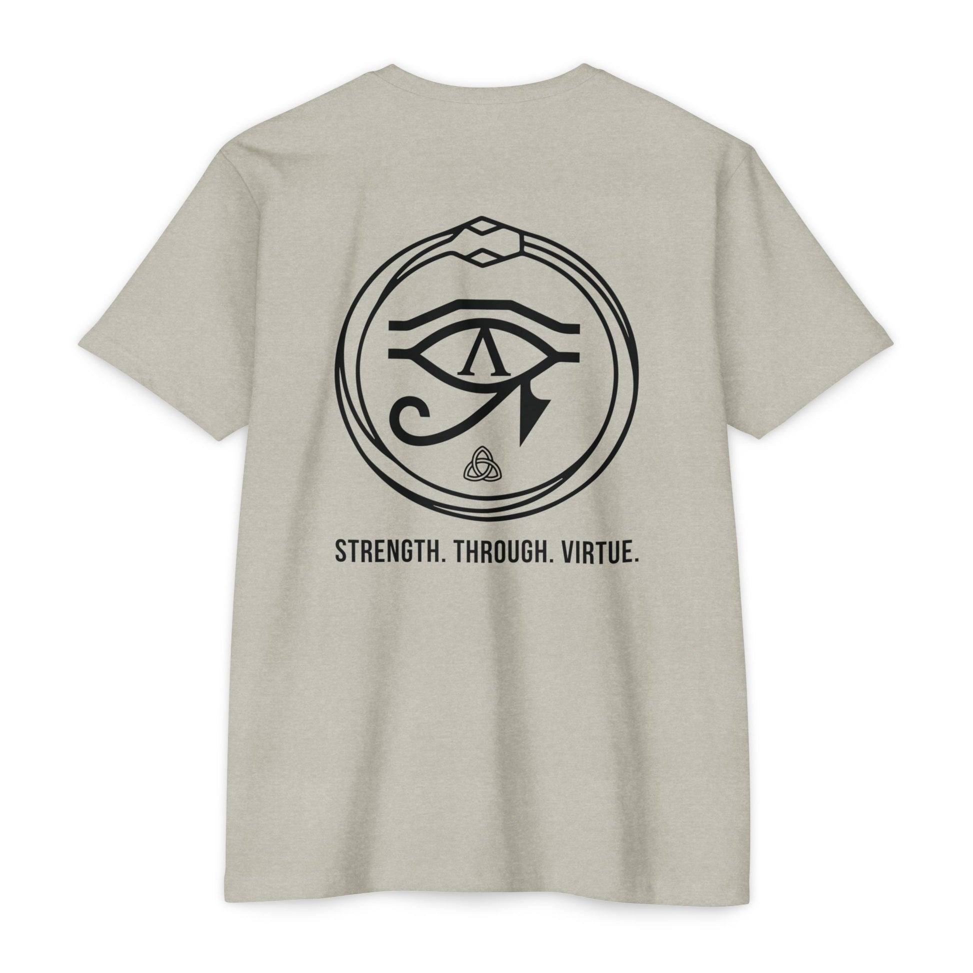 Silk t-shirt with black renewal symbol and text on a white background - Henosis Apparel virtue-based clothing