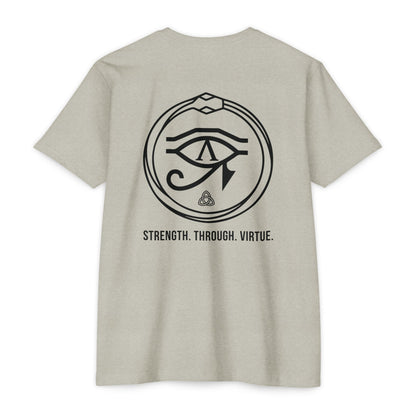 Silk t-shirt with black renewal symbol and text on a white background - Henosis Apparel virtue-based clothing