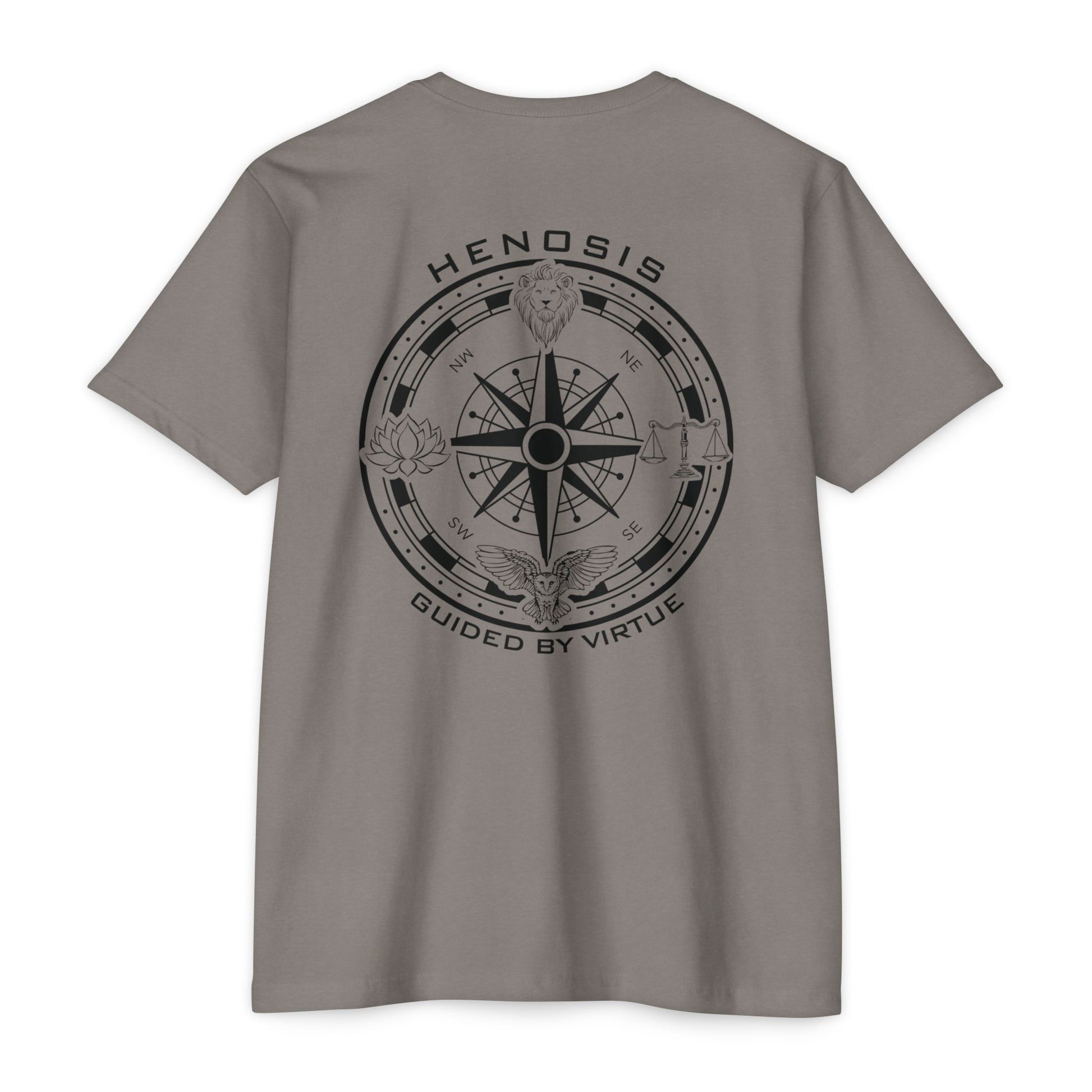 Stone Gray t-shirt with compass logo on a white background - Henosis Apparel virtue-based clothing