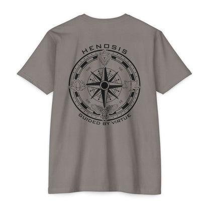 Stone Gray t-shirt with compass logo on a white background - Henosis Apparel virtue-based clothing