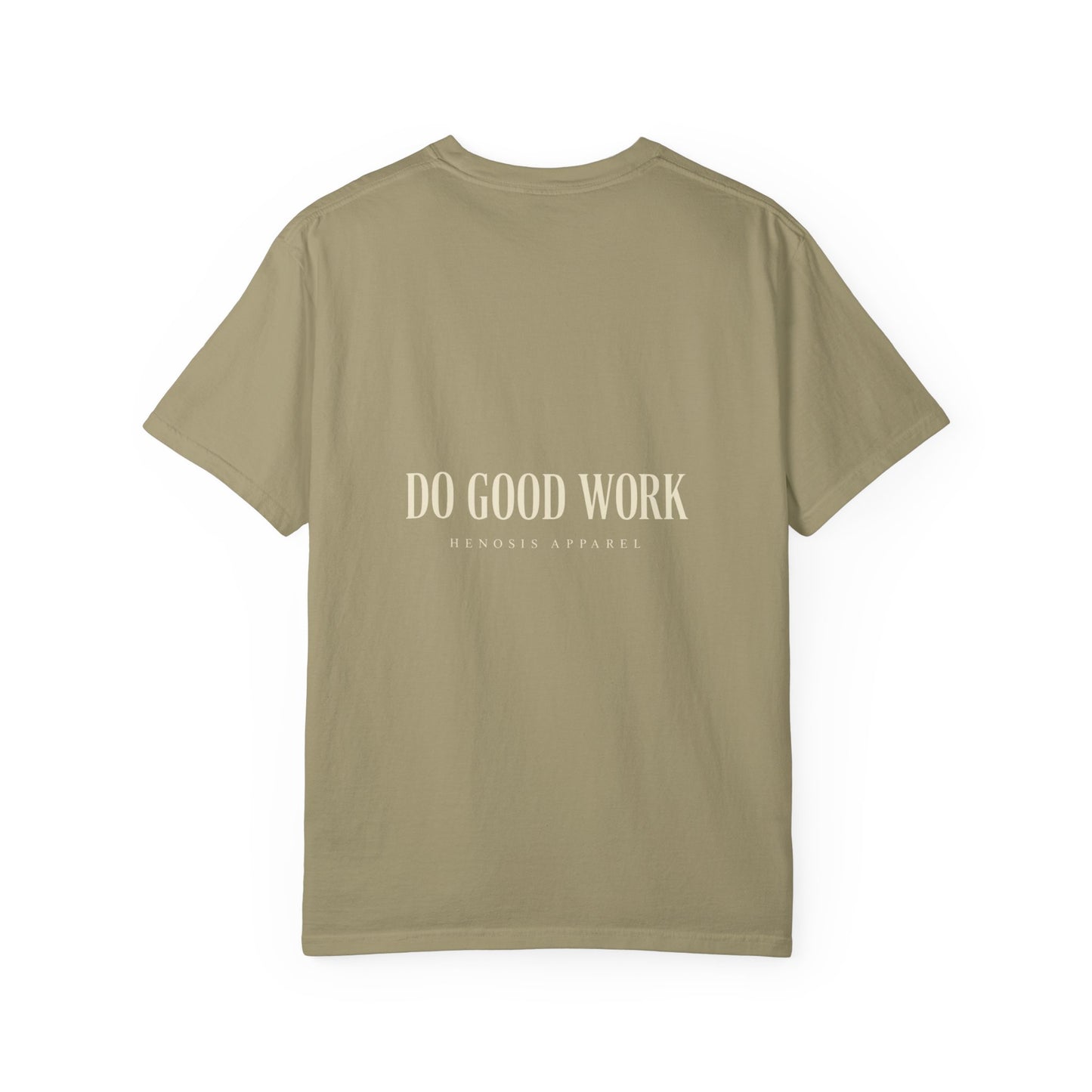 Khaki The Maker Tee — back view | Virtue-Based Tee | Henosis Apparel