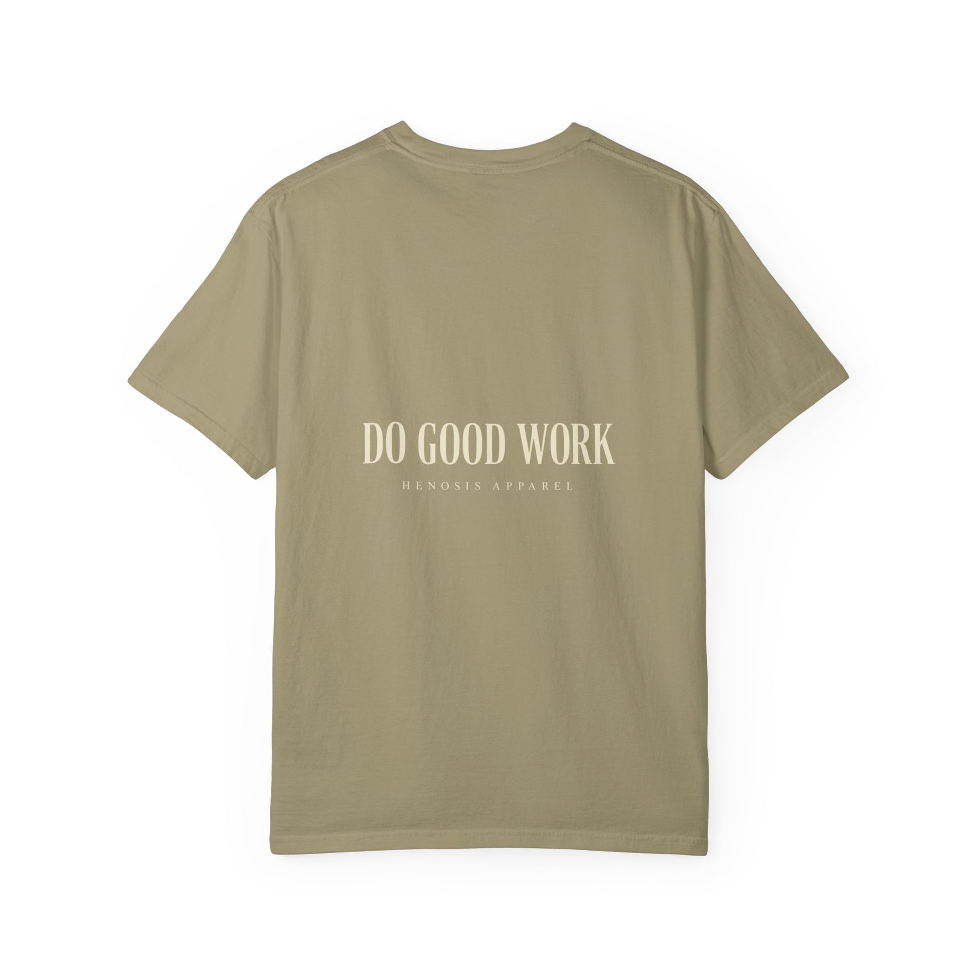 Khaki The Maker Tee — back view | Virtue-Based Tee | Henosis Apparel