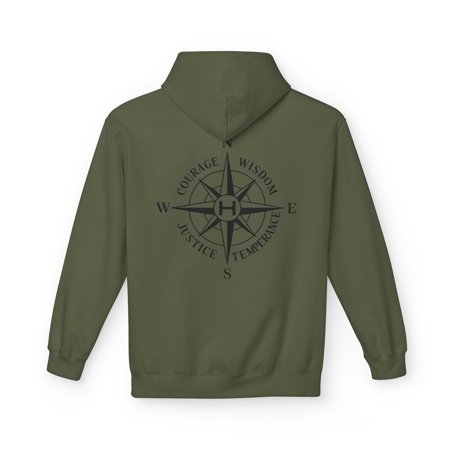 Military Green hoodie with a compass design and text on the back against a white background - Henosis Apparel virtue-based clothing
