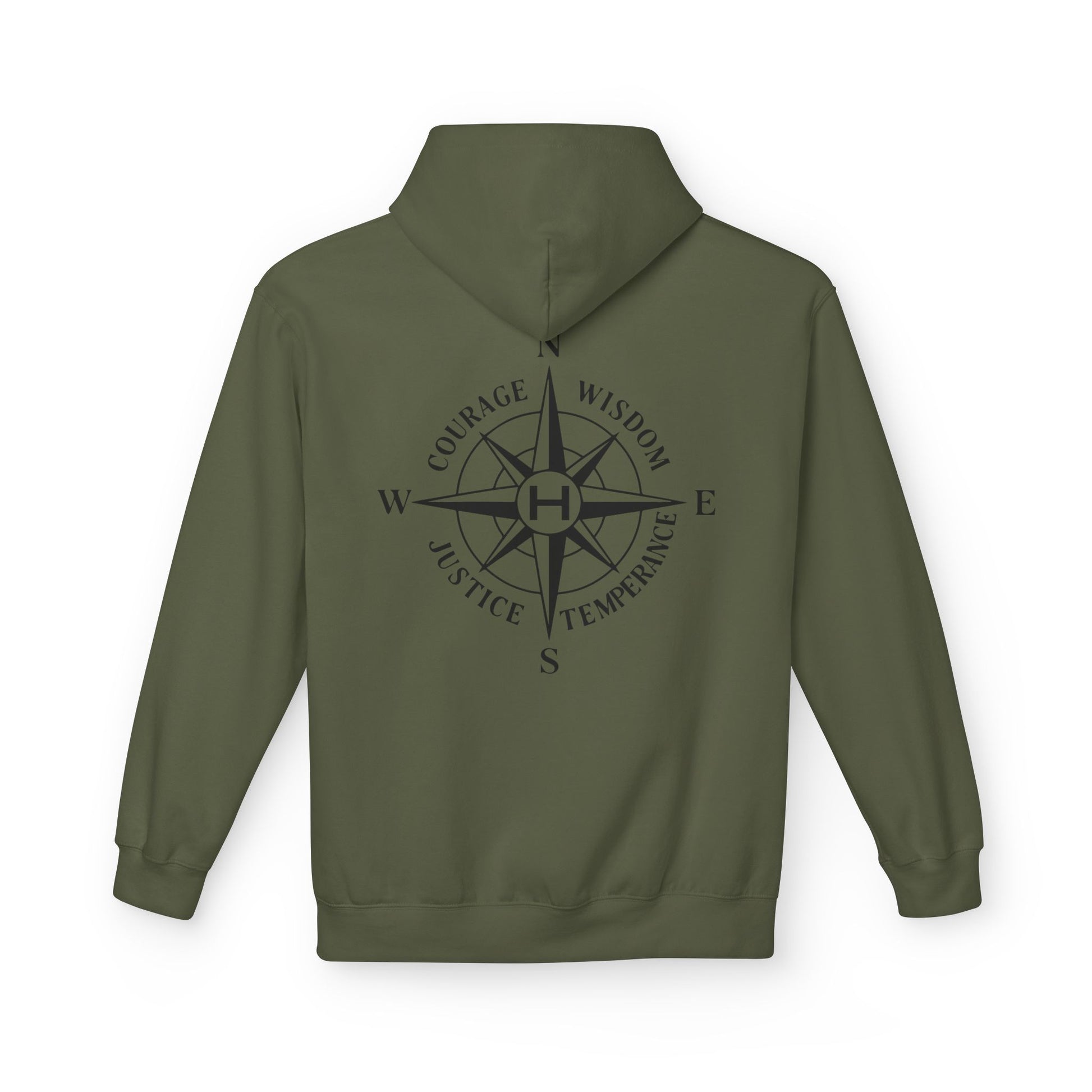 Military Green hoodie with a compass design and text on the back against a white background - Henosis Apparel virtue-based clothing
