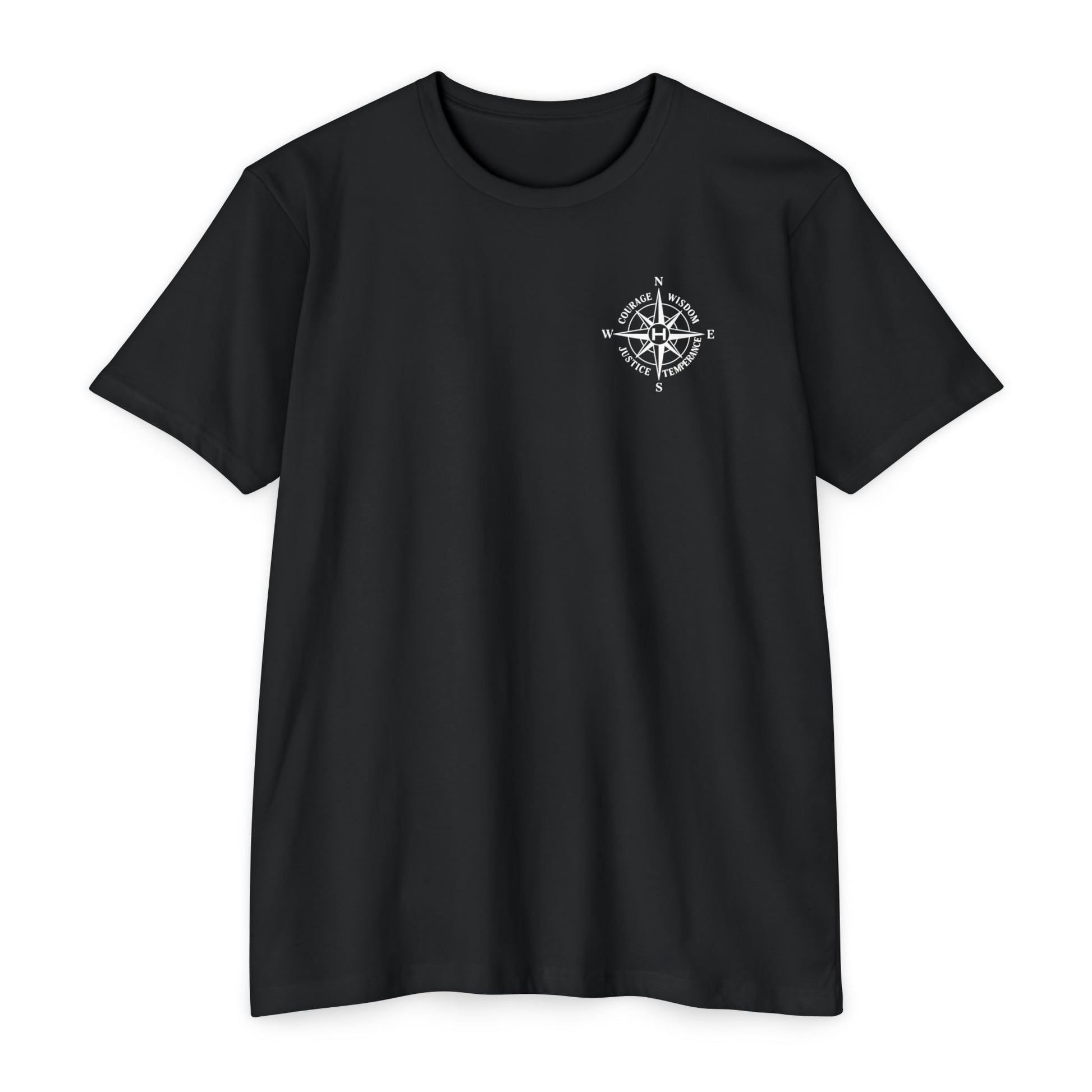 Black t-shirt with compass logo on a white background - Henosis Apparel virtue-based clothing