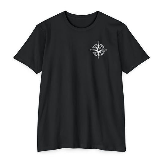 Black t-shirt with small logo on a white background - Henosis Apparel virtue-based clothing