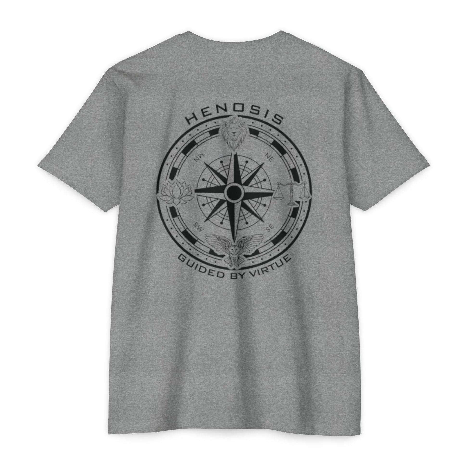 Dark Heather Gray t-shirt with a compass design and text on the back against a white background - Henosis Apparel virtue-based clothing