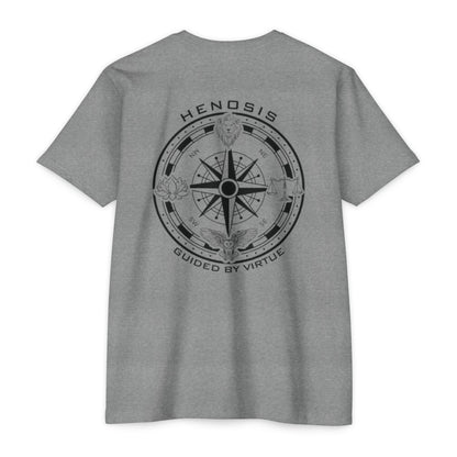 Dark Heather Gray t-shirt with a compass design and text on the back against a white background - Henosis Apparel virtue-based clothing