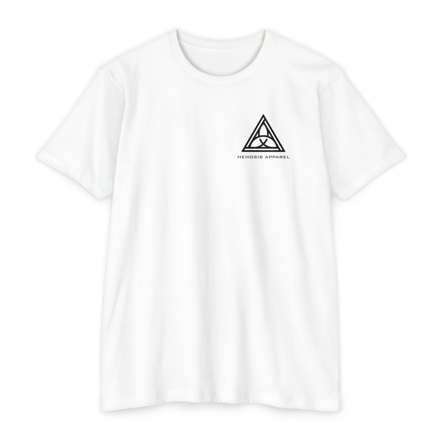 White t-shirt with a black triangle logo on a white background - Henosis Apparel virtue-based clothing