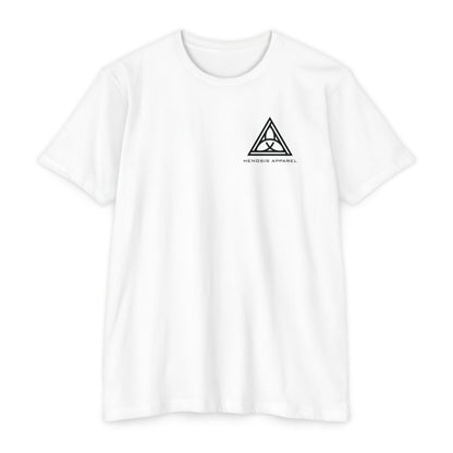 White t-shirt with a black triangle logo on a white background - Henosis Apparel virtue-based clothing