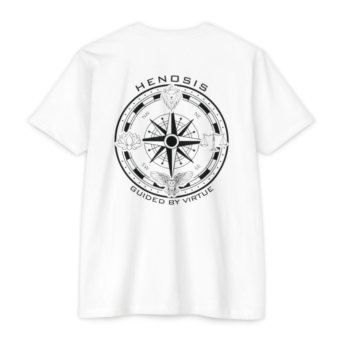 White t-shirt with a black compass design and 'HENOSIS' text on a white background - Henosis Apparel virtue-based clothing