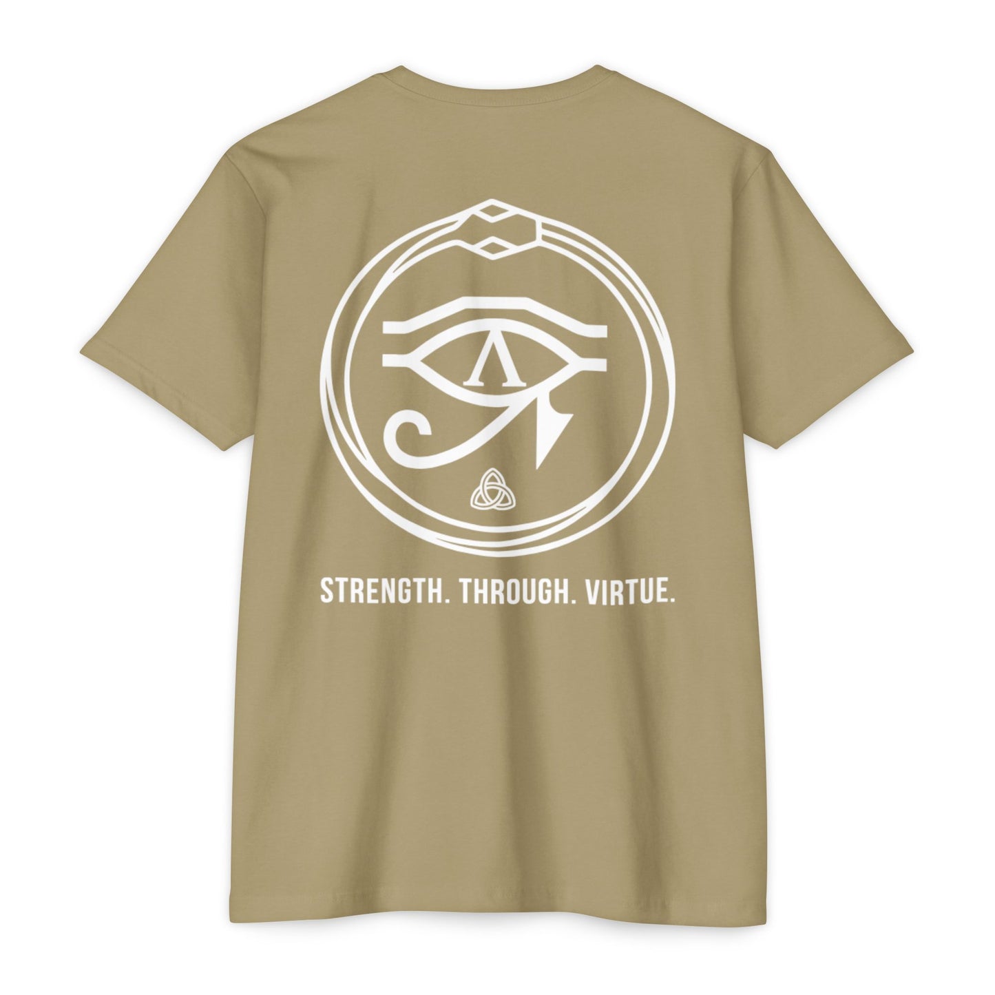 Light Olive t-shirt with a white symbol and text on the back against a white background - Henosis Apparel virtue-based clothing