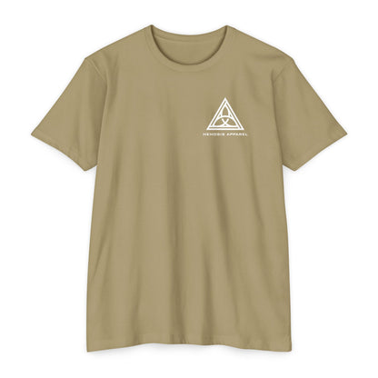 Light Olive t-shirt with a white triangle logo on a white background - Henosis Apparel virtue-based clothing