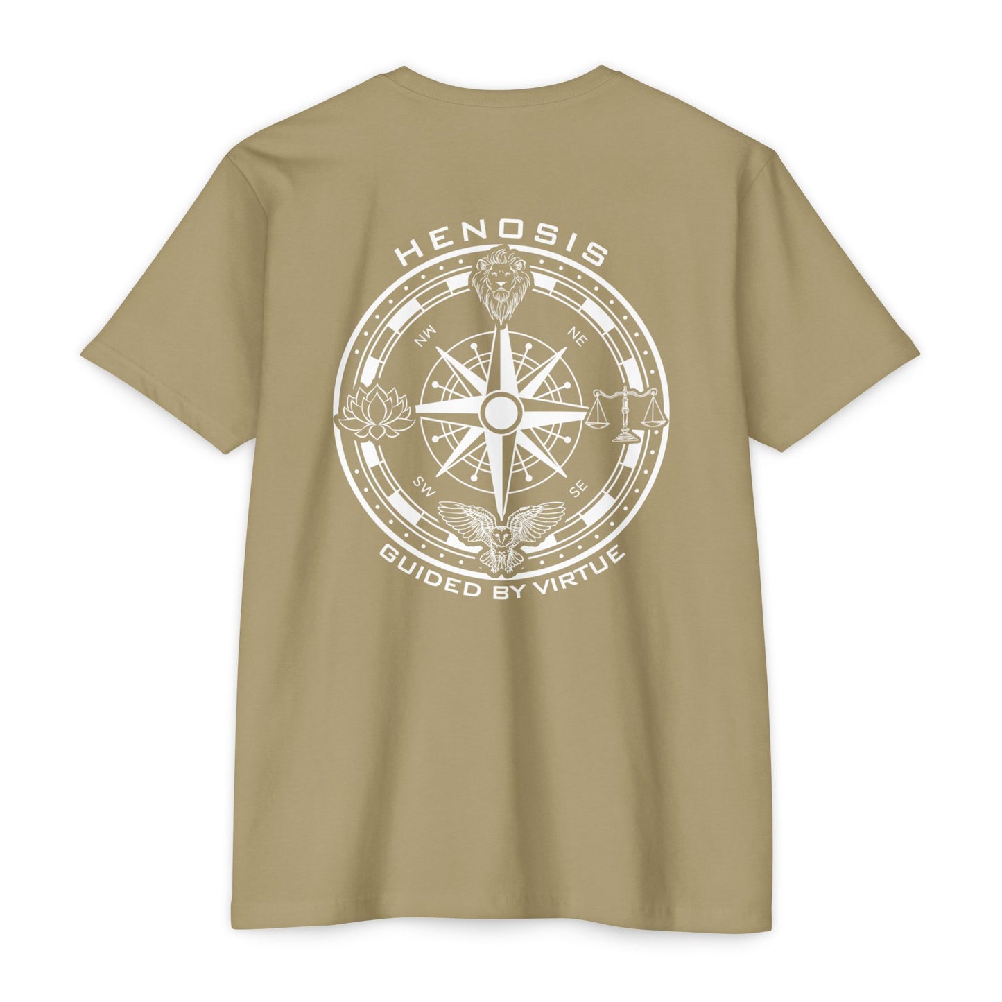 Light Olive t-shirt with a compass design and text on the back against a white background - Henosis Apparel virtue-based clothing