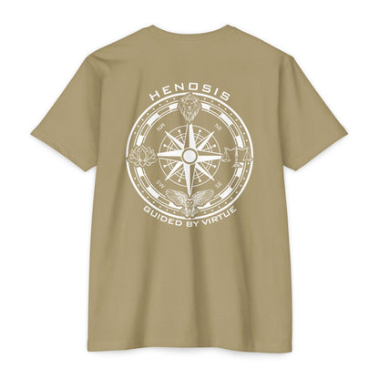 Light Olive t-shirt with a compass design and text on the back against a white background - Henosis Apparel virtue-based clothing