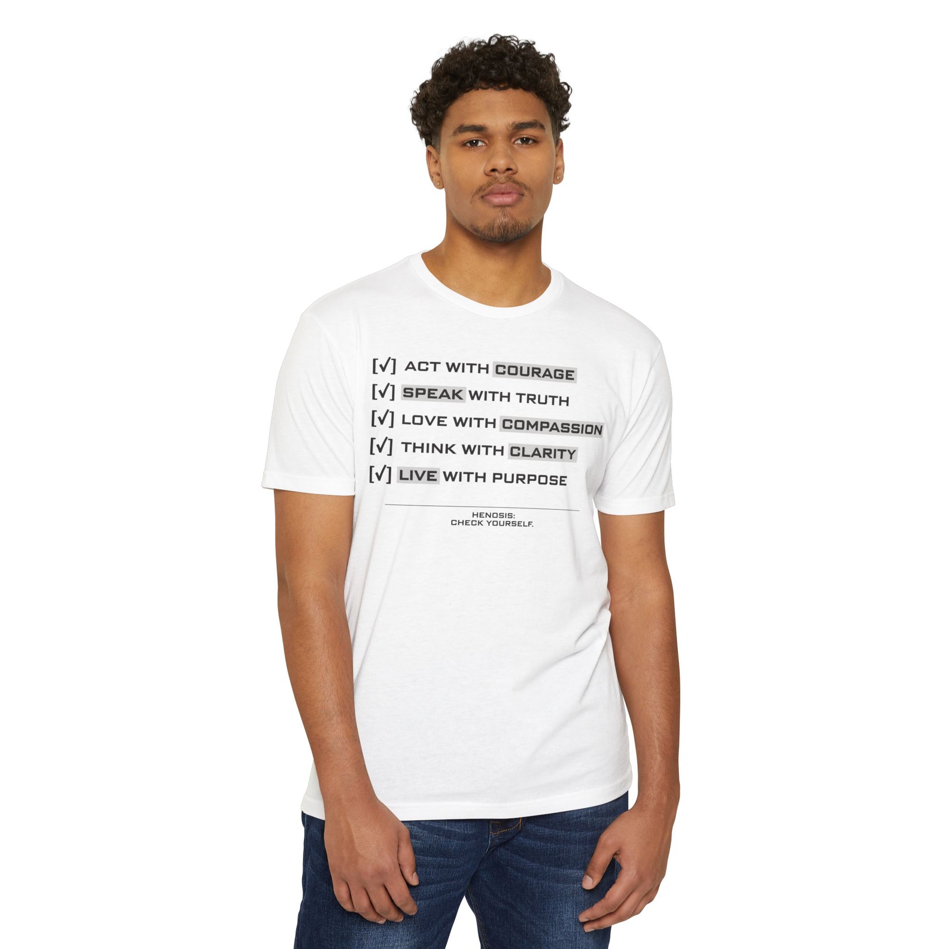 Henosis Check Yourself virtue checklist t-shirt, Bella 3001, CVC white, front