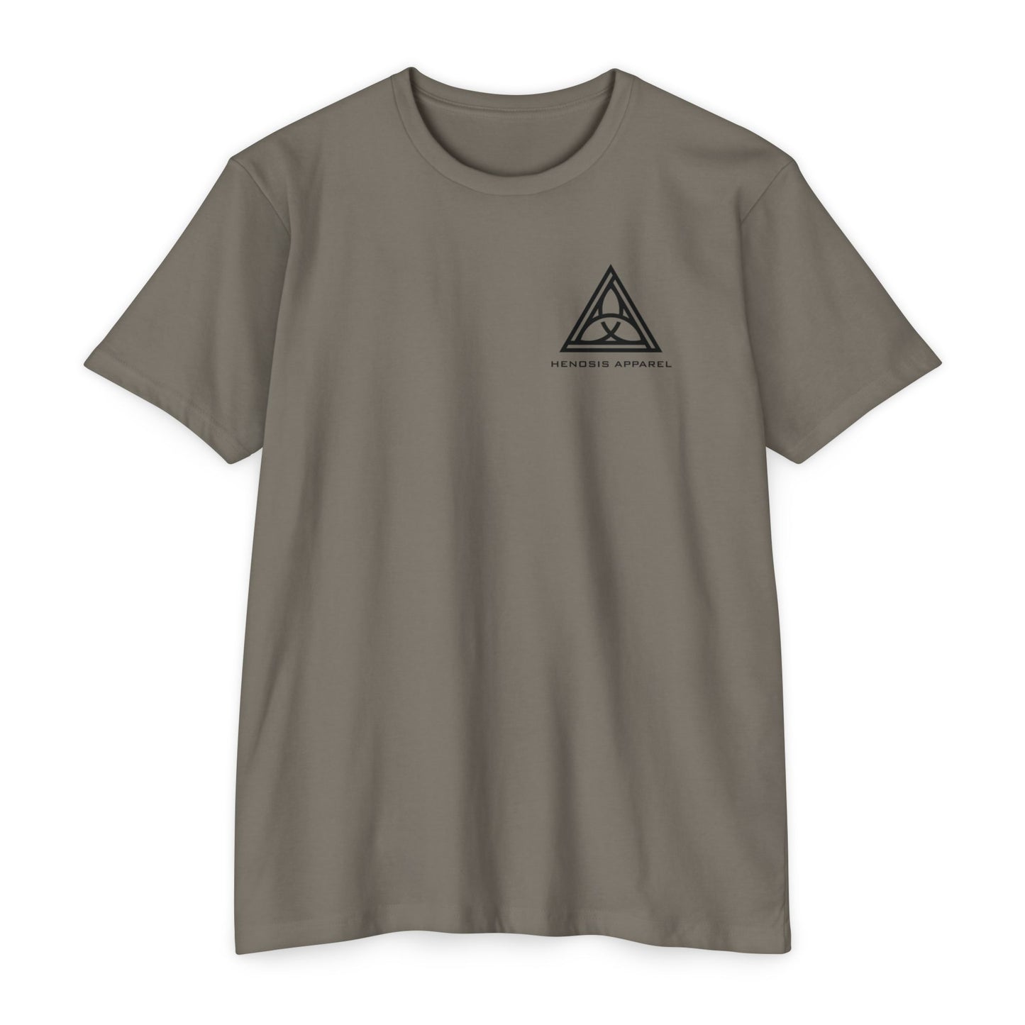 Warm Gray t-shirt with a black triangle logo on a white background - Henosis Apparel virtue-based clothing