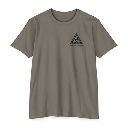 Warm Gray t-shirt with a black triangle logo on a white background - Henosis Apparel virtue-based clothing