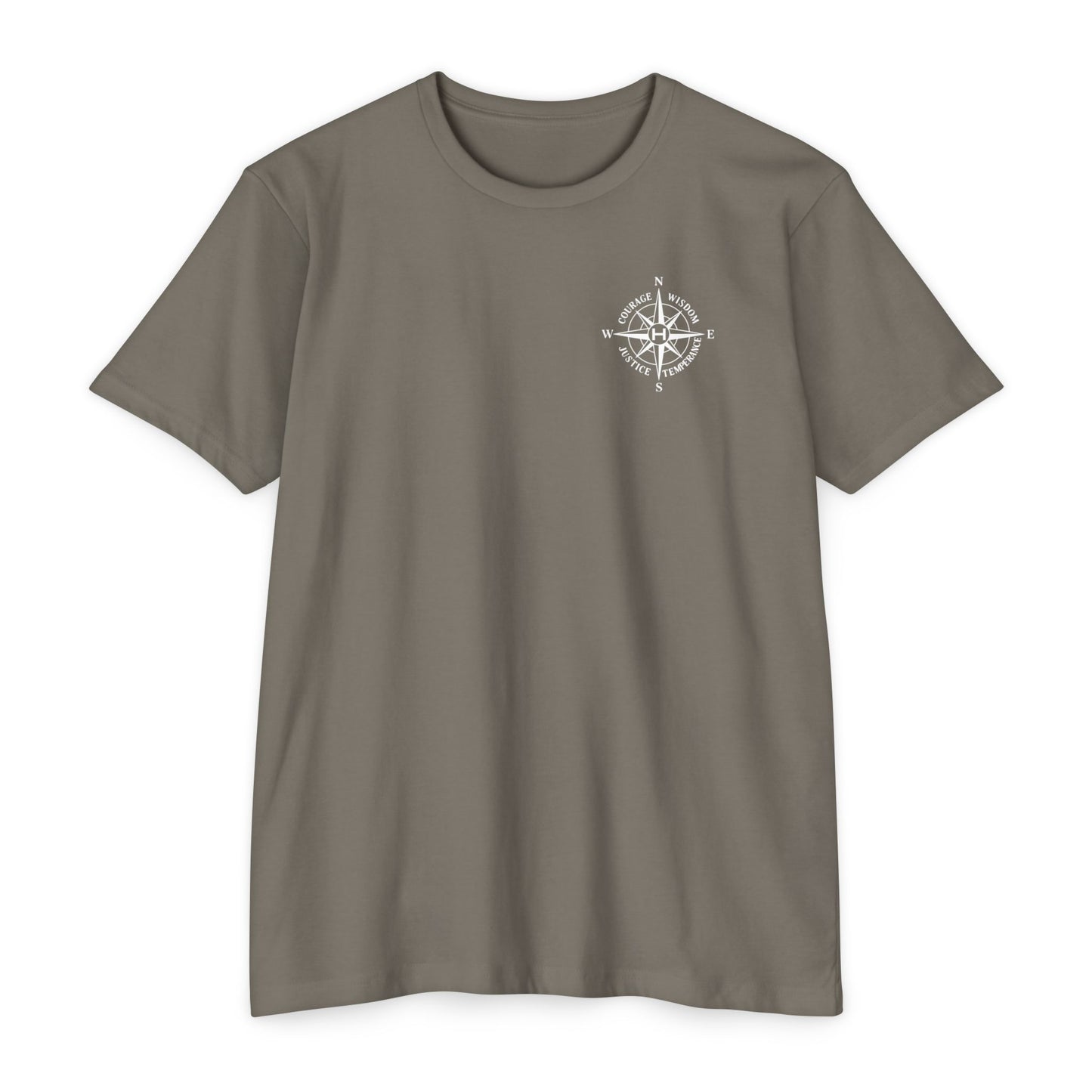 Warm gray t-shirt with compass logo on a white background - Henosis Apparel virtue-based clothing