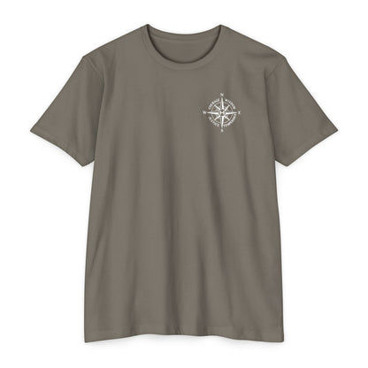 Warm gray t-shirt with compass logo on a white background - Henosis Apparel virtue-based clothing