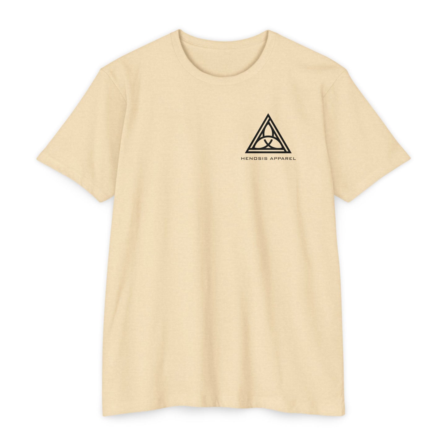 Cream t-shirt with 'Henosis Apparel' logo on a white background - Henosis Apparel virtue-based clothing