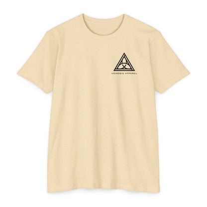 Cream t-shirt with 'Henosis Apparel' logo on a white background - Henosis Apparel virtue-based clothing
