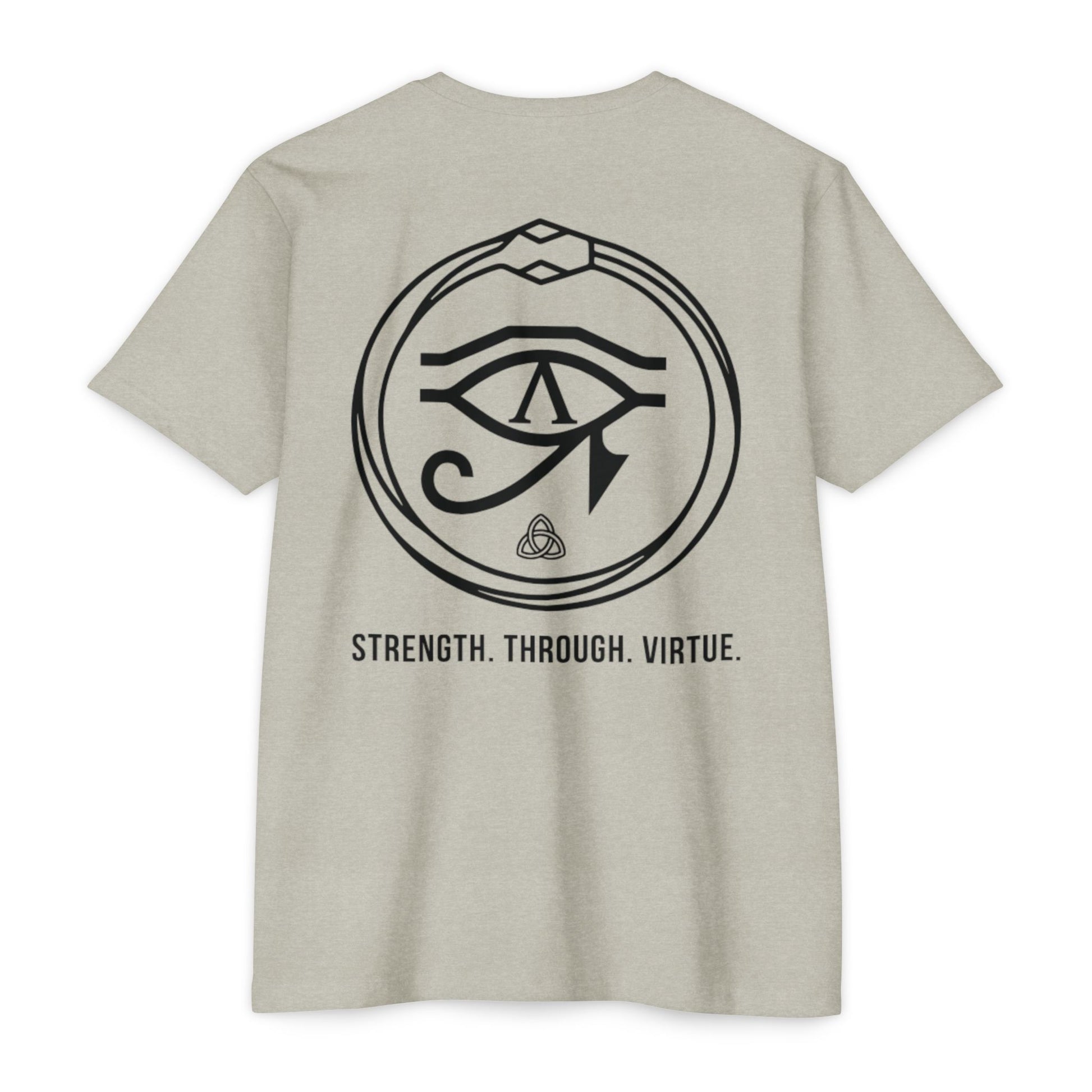 Beige t-shirt with black eye symbol and text on a white background - Henosis Apparel virtue-based clothing