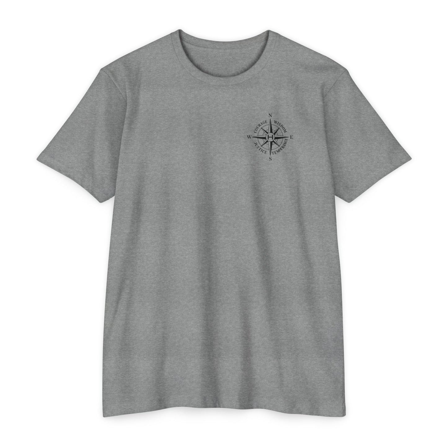 Heather Grey t-shirt with compass logo on a white background - Henosis Apparel virtue-based clothing