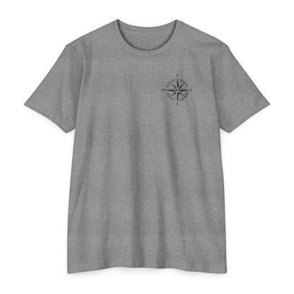 Heather Grey t-shirt with compass logo on a white background - Henosis Apparel virtue-based clothing
