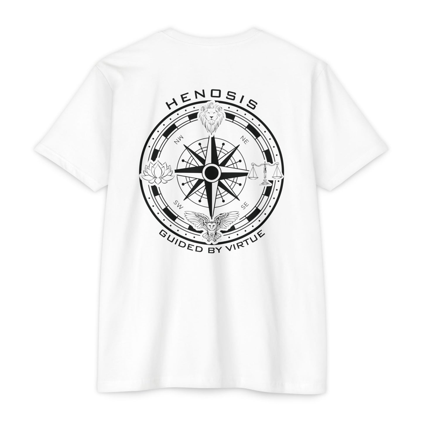 White t-shirt with compass logo on a white background - Henosis Apparel virtue-based clothing