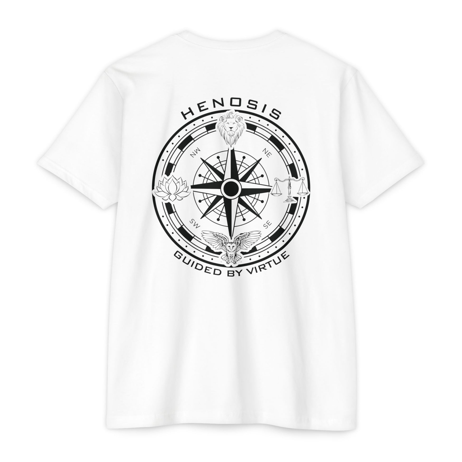 White t-shirt with compass logo on a white background - Henosis Apparel virtue-based clothing