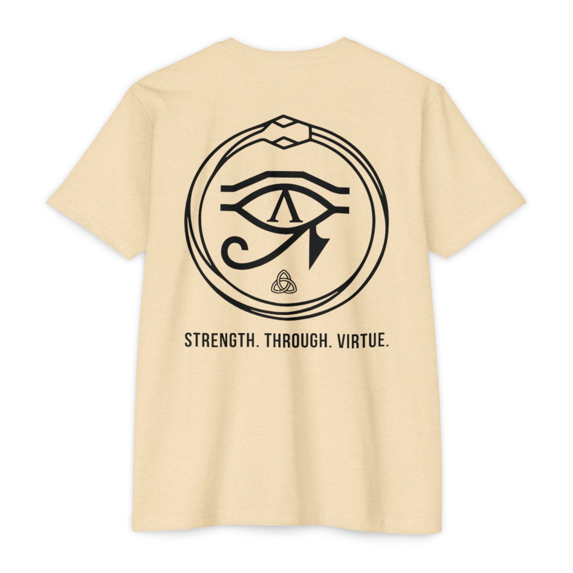 Cream t-shirt with black eye symbol and text on the back against a white background - Henosis Apparel virtue-based clothing
