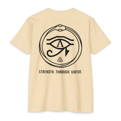 Cream t-shirt with black eye symbol and text on the back against a white background - Henosis Apparel virtue-based clothing